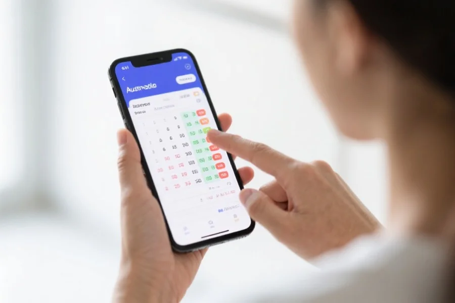 现代手机屏幕显示澳洲幸运十开奖结果，用户手指正在点击数据，背景为简洁明亮的室内环境