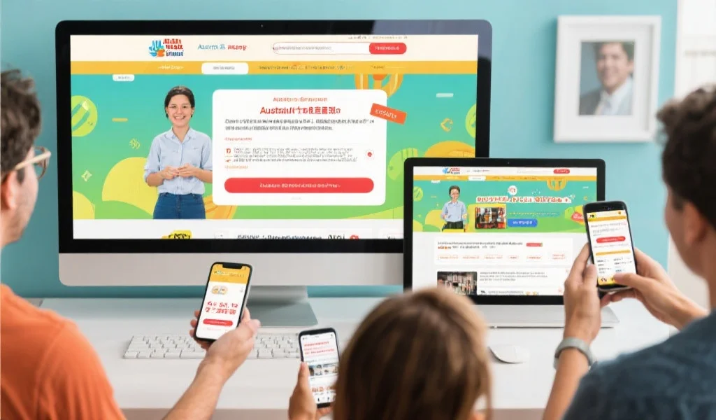 一组用户在移动端和电脑端浏览着澳洲幸运十开奖直播网站首页，屏幕上弹出平台公告和最新动态，画面色彩明快